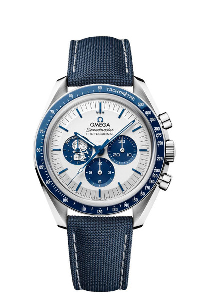 OMEGA Speedmaster Anniversary Series Co-Axial Master Chronometer Chronograph 42 mm, detailed image of a stylish watch with a white dial, blue subdials, tachymeter bezel, and a blue fabric strap.