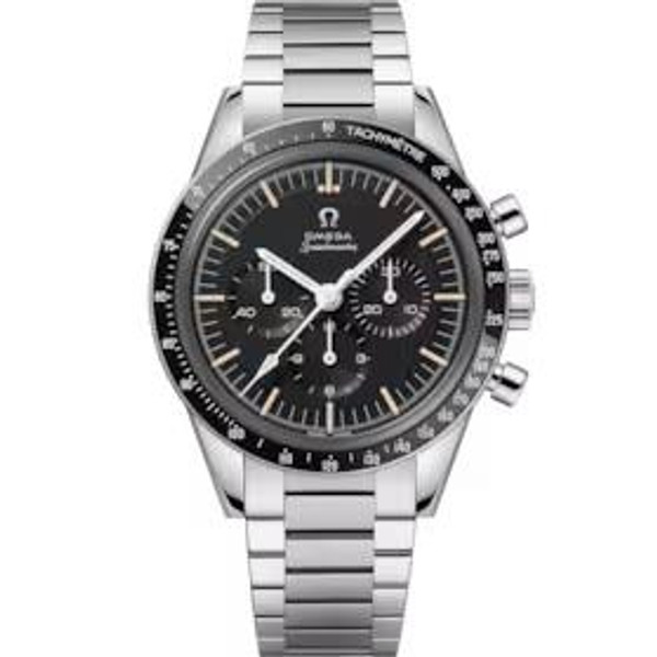 OMEGA SpeedmasterCalibre 321 Chronograph 39.7 mm, front view of the luxury stainless steel wristwatch with black dial, chronograph subdials, and tachymeter bezel.