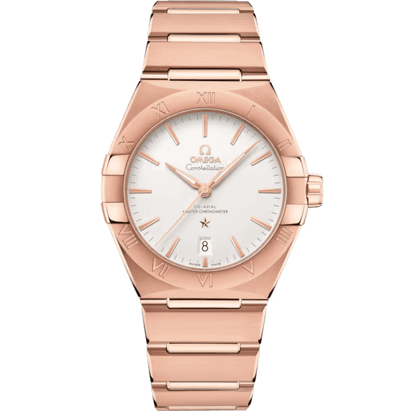 OMEGA Constellation co-axial Master Chronometer 39 mm watch, rose gold with white dial, Roman numeral bezel, and date display.