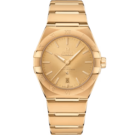 OMEGA Constellation co-axial Master Chronometer 39 mm watch, gold-tone with a round dial, Roman numeral and index hour markers, date display at 6 o'clock, and integrated gold bracelet.