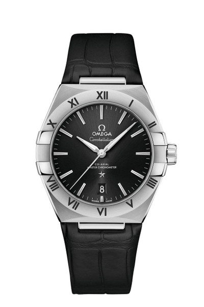 OMEGA Constellation co-axial Master Chronometer 39 mm watch, black dial with silver hands and Roman numeral bezel, leather strap, detailed close-up. OMEGA Constellation co-axial Master Chronometer 39 mm watch, black dial with silver hands and Roman numeral bezel, leather strap, detailed close-up.