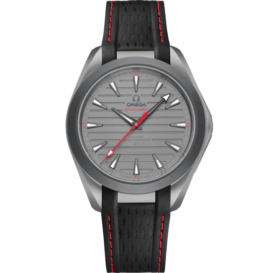 Omega Seamaster Aqua Terra 150M co-axial Master Chronometer 41 mm watch, silver dial with horizontal teak pattern, black strap with red stitching.