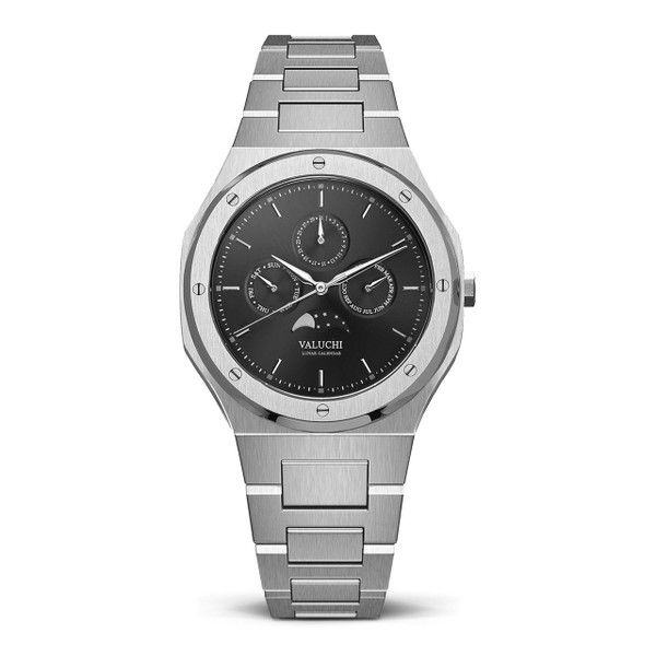 Valuchi Watches VALUCHI [ VT-ASB-001 ], stainless steel wristwatch with black dial, multiple subdials, and lunar calendar feature.