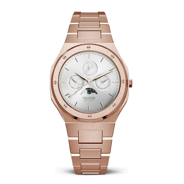Valuchi Watches VALUCHI [ VT-WGW-001 ], a stylish rose gold wristwatch with a white dial featuring multiple sub-dials, a moon phase indicator, and a sleek metal bracelet strap.