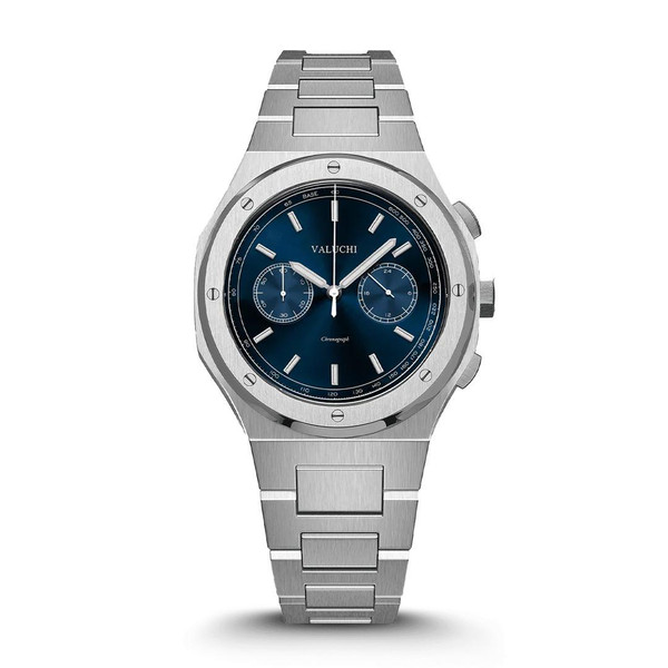 Valuchi Watches VALUCHI [ VT-CHR-RG ] stainless steel chronograph watch with blue dial and silver bracelet.