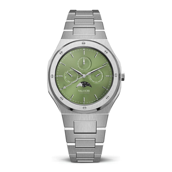 Valuchi Watches VALUCHI VT-WSG-001, stainless steel wristwatch with green dial, multiple subdials, moon phase display, and silver metal band. Valuchi Watches VALUCHI VT-WSG-001, stainless steel wristwatch with green dial, multiple subdials, moon phase display, and silver metal band.