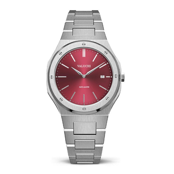 Valuchi Watches VALUCHI [ VT-DAM-SR ] stainless steel watch with a red dial, date display, and sleek silver band.