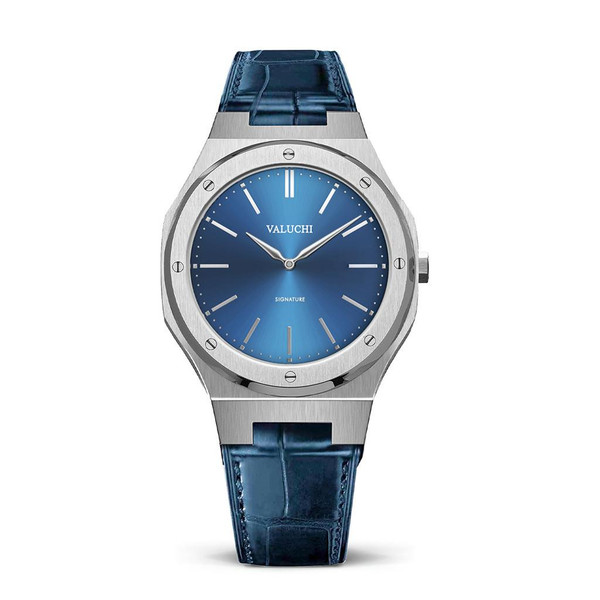 Valuchi Watches VALUCHI [ VT-SIG-SL ] luxury wristwatch with a blue dial and a leather strap.