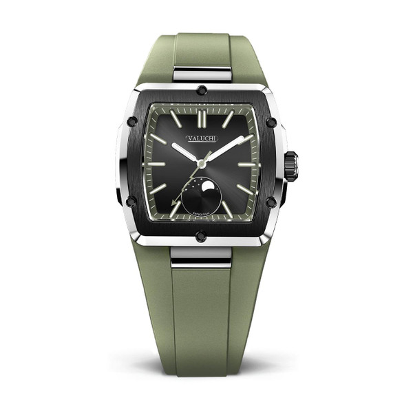 Valuchi Watches VALUCHI [ VT-EXP-GG ] watch, men's wristwatch featuring a square black dial with date and moon phase displays, green strap, and stainless steel case.