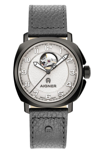 AIGNER Aigner Watch [AGW.279003], close-up of men's luxury black and silver wristwatch with open-heart design, textured white dial, gray leather strap, and Swiss-made craftsmanship.
