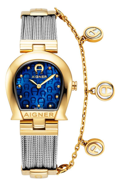 AIGNER Aigner Watch [AGW.273003], luxury women's wristwatch with a gold-tone case, a deep blue patterned dial with gold accents, a silver mesh strap, and a charming chain with bobble charms featuring the letter 'A' and 'G'.