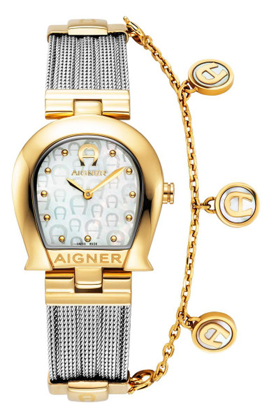 AIGNER Aigner Watch [AGW.273001], elegant gold and silver-toned wristwatch with a unique horse-shoe shaped gold case, matching gold hour and minute hands on a patterned dial, and a silver mesh strap, finished with attached gold chain charms featuring the G logo.