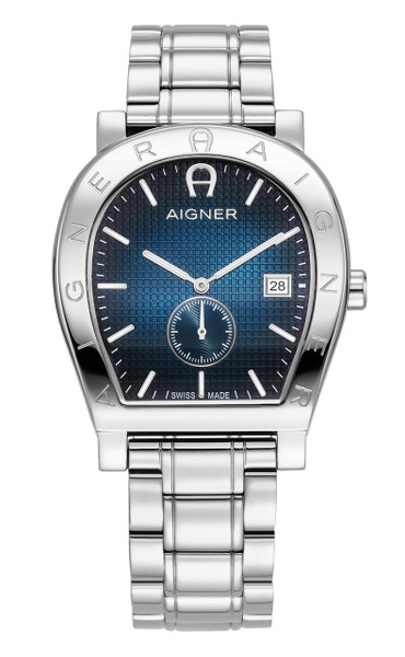 AIGNER Aigner Watch [AGW.269006], stainless steel wristwatch with a blue textured dial, date display, and chronograph subdial.