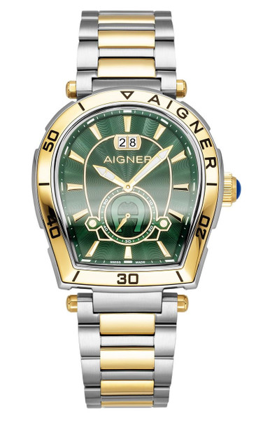 AIGNER Aigner Watch [AGW.262004], luxury men's wristwatch with a green dial, gold and silver-tone stainless steel bracelet, and gold accents on the bezel and crown.