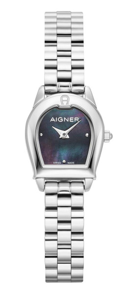 AIGNER Aigner Watch [AGW.253001], a luxury women's wristwatch with a silver stainless steel bracelet and a black mother-of-pearl dial.