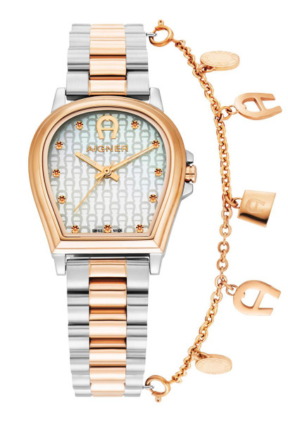 AIGNER Aigner Watch [AGW.252004], elegant wristwatch with a two-tone silver and rose gold bracelet and a decorative chain bracelet with Aigner charms.