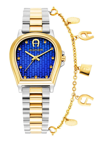 Aigner Watch, luxury wristwatch with a blue patterned dial, gold and silver two-tone metal bracelet, and a matching gold charm bracelet accessory.