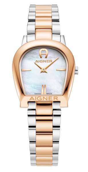AIGNER Aigner Watch [AGW.250005], two-tone silver and rose gold wristwatch with mother of pearl dial and minimalist design.