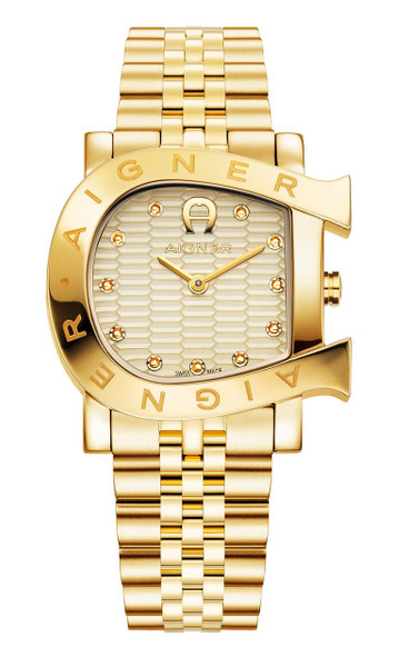 AIGNER Aigner Watch [AGW.249005], luxurious gold-tone metal wristwatch with a distinctive logo-bezel design and diamond hour markers.