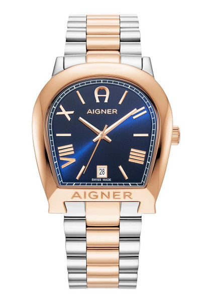 AIGNER Aigner Watch [AGW.247003], luxury two-tone wristwatch with a blue dial, rose gold and silver stainless steel bracelet, date display, and Roman numerals.