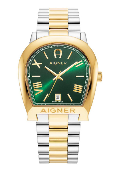 AIGNER Aigner Watch [AGW.247002], luxury men's wristwatch with a green dial, gold bezel, and a two-tone stainless steel bracelet.