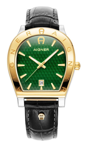 AIGNER Aigner Watch [AGW.245004], luxury wristwatch with green textured dial, gold bezel with 'AERAGINGER' inscription, black leather strap with gold accents, and a date display at the 6 o'clock position.