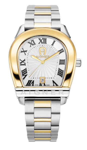 AIGNER Aigner Watch [AGW.244007], two-tone stainless steel and gold watch with Roman numeral dial, date display at 6 o'clock, and integrated bracelet design.