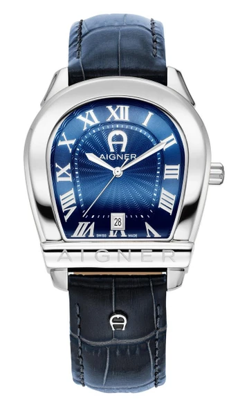 AIGNER Aigner Watch [AGW.244002], close-up image of a luxury wristwatch with a blue dial, Roman numeral hour markers, and a date display at the 6 o'clock position.