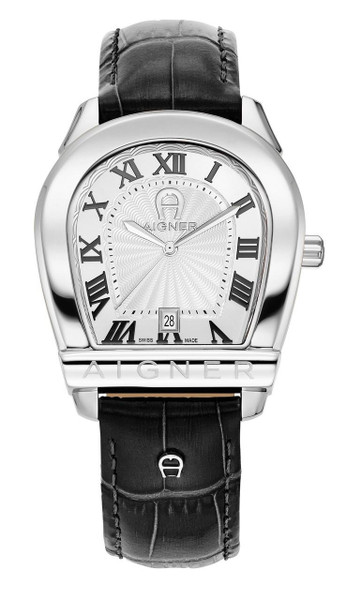AIGNER Aigner Watch [AGW.244001], luxury wristwatch with a silver dial, Roman numeral hour markers, black leather strap, and date display at 6 o'clock.