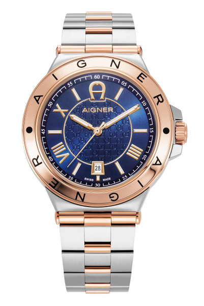 AIGNER Aigner Watch, luxury men's wristwatch with a blue dial, gold-tone accents, and a two-tone stainless steel and rose gold bracelet.