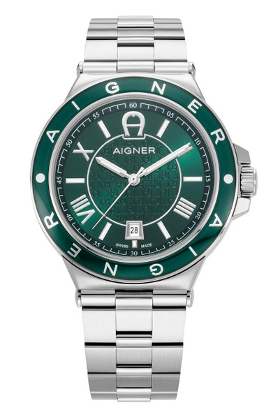 AIGNER Aigner Watch [AGW.243002], a stylish green dial watch with silver stainless steel band and bezel, featuring date display and Swiss-made craftsmanship.