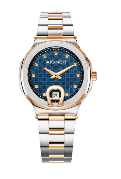 AIGNER Aigner Watch [AGW.242007], two-tone stainless steel and rose gold watch with blue patterned dial, gold markers, date display, and matching rose gold accents.