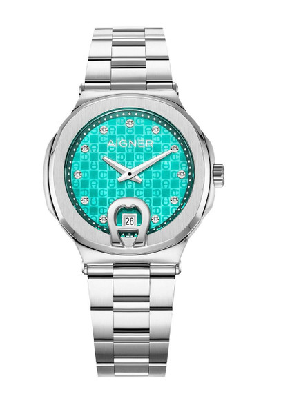 AIGNER Aigner Watch, silver stainless steel case and bracelet with a turquoise patterned dial, diamond hour markers, date display at the 6 o'clock position, and two silver hands for hours and minutes.