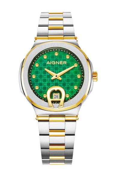 AIGNER Aigner Watch [AGW.242002], luxury wristwatch with a green patterned dial, gold accents, date display at the 6 o'clock position, and a two-tone stainless steel wristband.