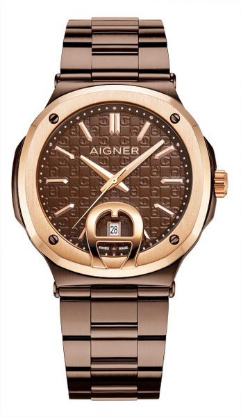 AIGNER Aigner Watch [AGW.241013], stylish men's wristwatch with a brown textured dial, gold-tone bezel, and matching metal bracelet.