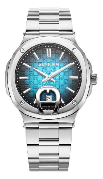 Aigner Watch, Aigner AGW.241010 men's luxury wristwatch with stainless steel bracelet and blue patterned dial with date display.