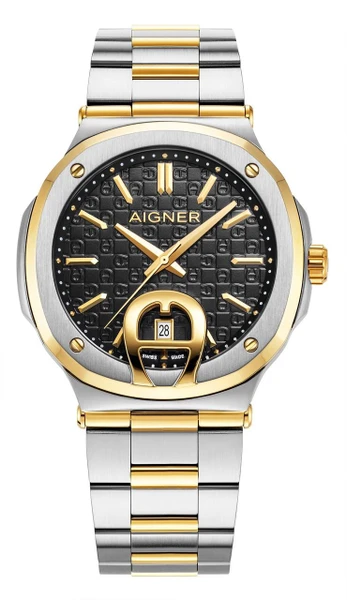 AIGNER Aigner Watch [AGW.241007], luxury two-tone men's wristwatch with black textured dial, gold accents, date display, and stainless steel bracelet with gold links.