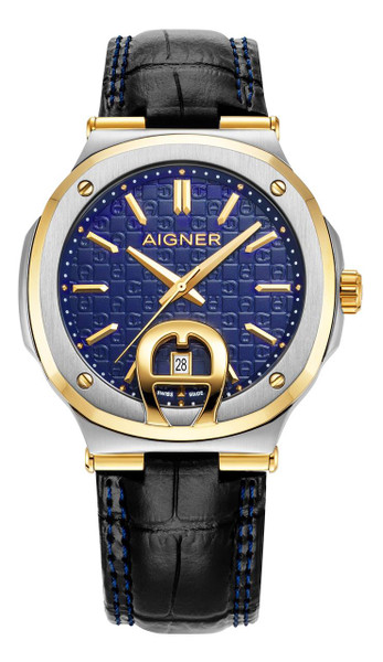 AIGNER Aigner Watch [AGW.241003], luxury men's wristwatch with a stainless steel case, gold accents, a blue textured dial with gold hour markers and hands, date display at the 6 o'clock position, and a black leather strap with blue stitching.
