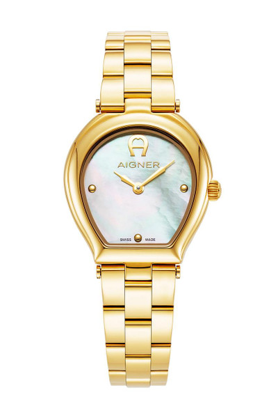 AIGNER Aigner Watch [AGW.238012], gold-tone ladies wristwatch with a mother-of-pearl dial, minimalistic design, and classic bracelet strap.