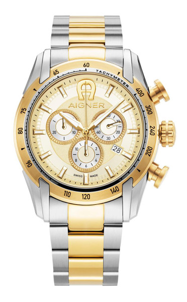 AIGNER Aigner Watch [AGW.236002], gold and silver two-tone wristwatch with chronograph features and date display.
