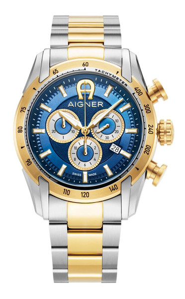 AIGNER Aigner Watch [AGW.236001], luxury men's wristwatch with a blue dial, gold and silver-tone stainless steel case and bracelet, featuring chronograph subdials, date display, tachymeter scale, and gold-toned accents.