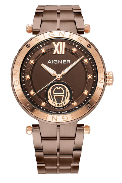 AIGNER Aigner Watch, elegant men's wristwatch with a brown dial, rose gold bezel, and matching bracelet featuring the AIGNER logo and Roman numeral XII at the 12 o'clock position.