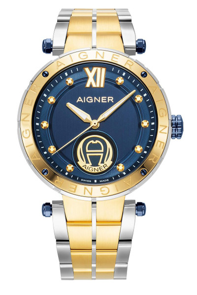 AIGNER Aigner Watch [AGW.235002], close-up of a stylish men's wristwatch with a blue dial, gold accents, and a two-tone stainless steel and gold bracelet.