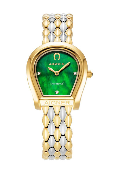 AIGNER Aigner Watch [AGW.231003], luxury women's wristwatch featuring a green mother-of-pearl dial with diamond accents and a gold and silver two-tone bracelet.