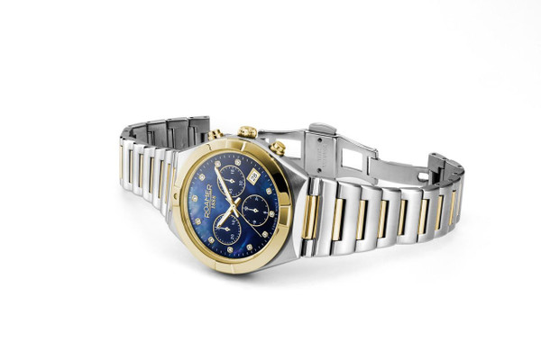 ROAMER WATCH, a stylish men's wristwatch with a two-tone silver and gold stainless steel band and a blue dial featuring chronograph subdials and diamond hour markers.