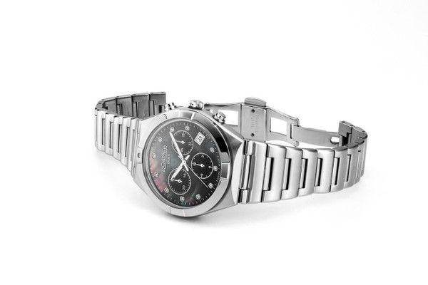 ROAMER WATCH [987837 41 80 20], a luxury stainless steel wristwatch with a black dial, silver hands, and diamond hour markers, featuring chronograph subdials and a date display.