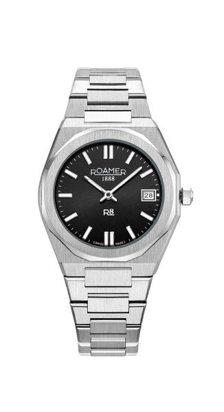 ROAMER WATCH [972857 41 85 20], a sleek stainless steel wristwatch with a black dial, white hour markers, date display at 3 o'clock, and a modern design.