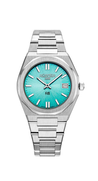 Roamer Watch, stainless steel wristwatch with a bright turquoise dial, date display at 3 o'clock, and silver tone markers and hands.