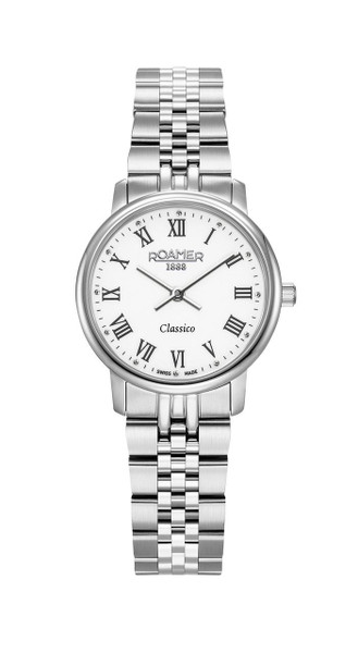 ROAMER WATCH [971857 41 25 50], a sleek stainless steel wristwatch with a white dial, Roman numeral hour markers, and a classic design.