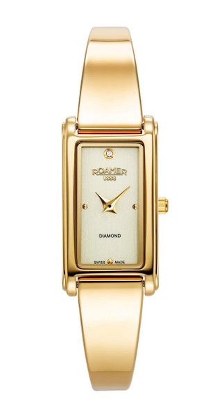 Roamer Watch, gold rectangular wristwatch with a beige dial and diamond accents.